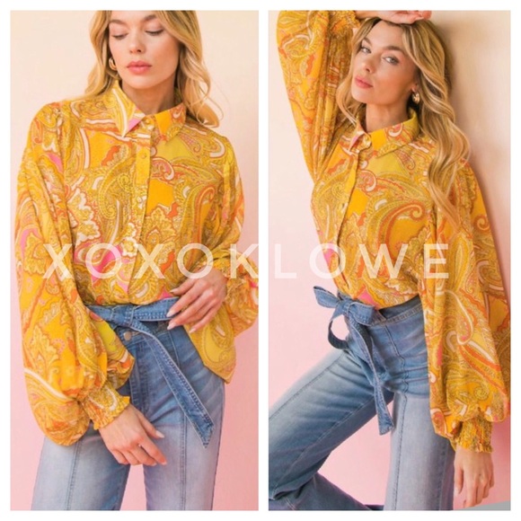 Yellow Button Down Blouse Paisley Print Long Sleeves - Picture 3 of 10